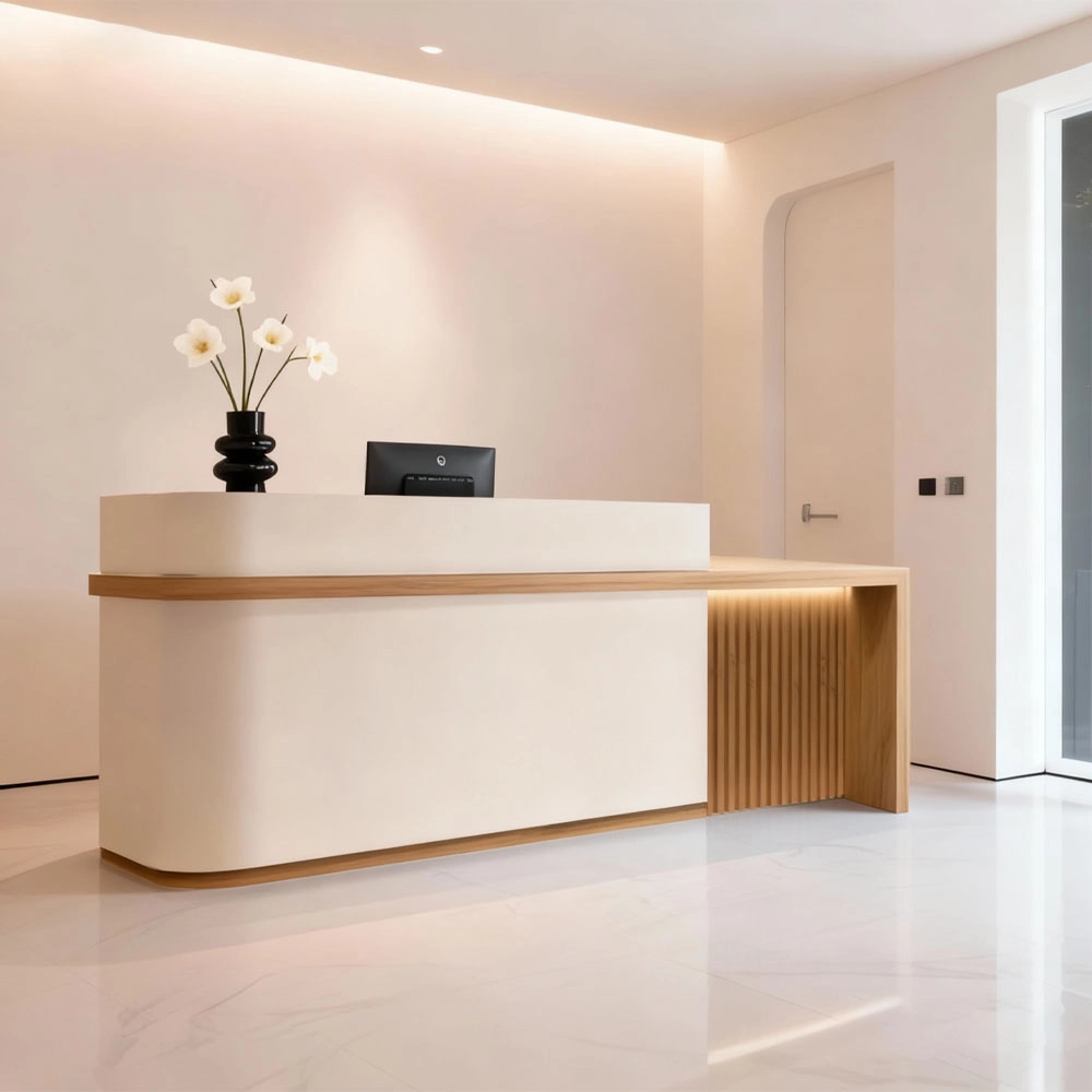Minimalist luxury salon reception desk with warm wood accents