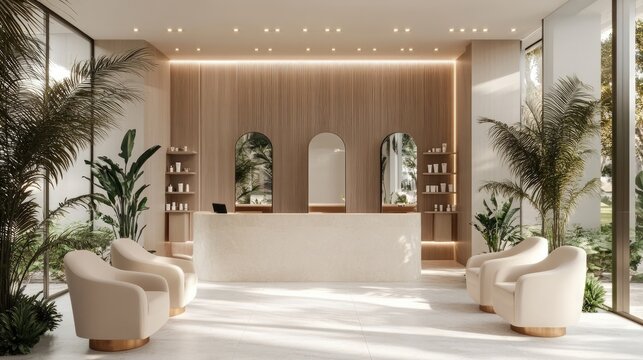 Bright airy spa lobby with natural light and neutral tones